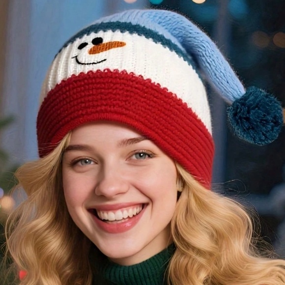 Cozy Snowman Color Block Pom Knit Christmas Holiday Beanie - Picture 3 of 4